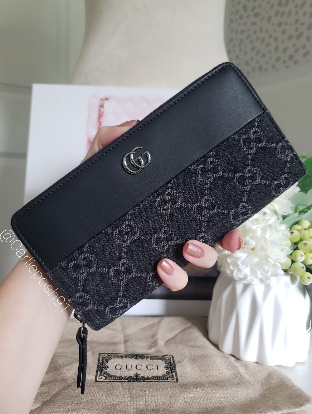 Authentic Pre-owned Gucci Black Denim & Leather Petite Marmont Zip Around Wallet